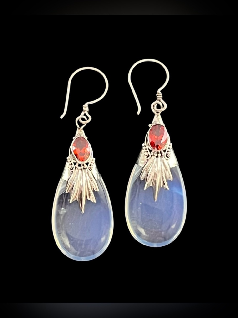 Sterling Silver 925 Opalite Garnet Teardrop Dangle Earrings Artisan Made